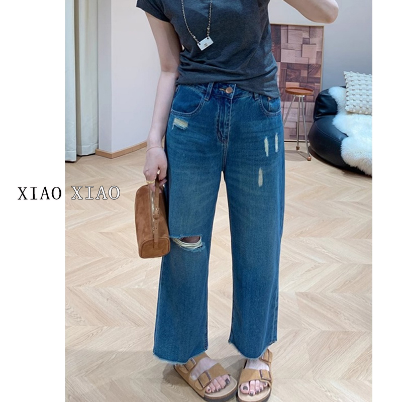 大码设计感毛边破洞牛仔裤女夏季微胖mm显瘦直筒宽松九分阔腿裤子