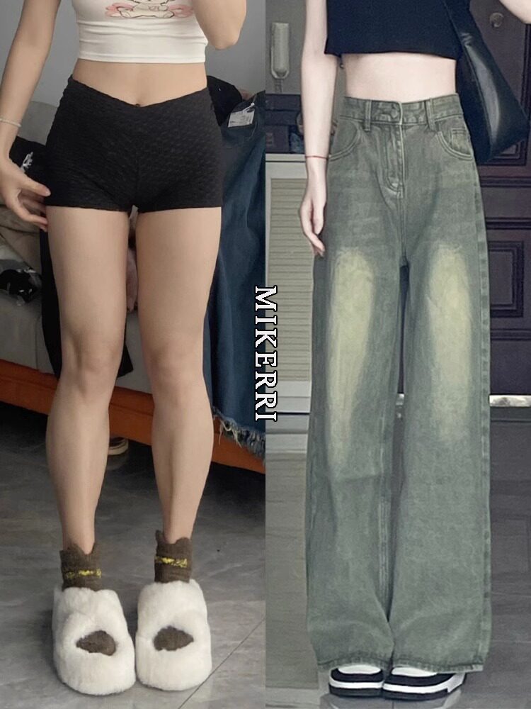 美式绿色阔腿牛仔裤女高腰春季大码胖mm宽松显瘦梨形身材直筒裤子