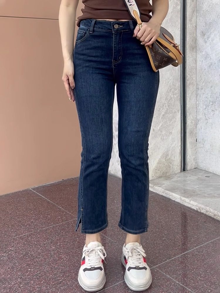 直筒牛仔裤女大码胖mm梨型身材春季新款分叉弹力高腰显瘦烟管裤子