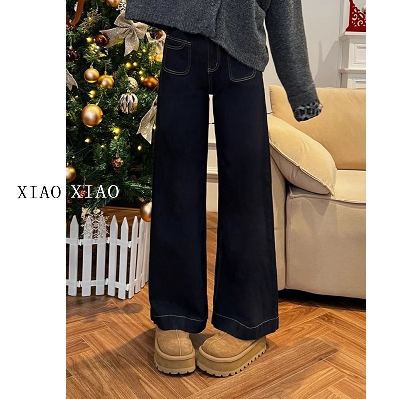 深蓝色阔腿牛仔裤女春季新款大码2026胖mm梨形高腰显瘦显高直筒裤