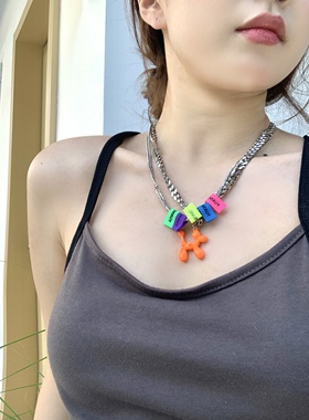 彩色小狗银色链条项链锁骨链