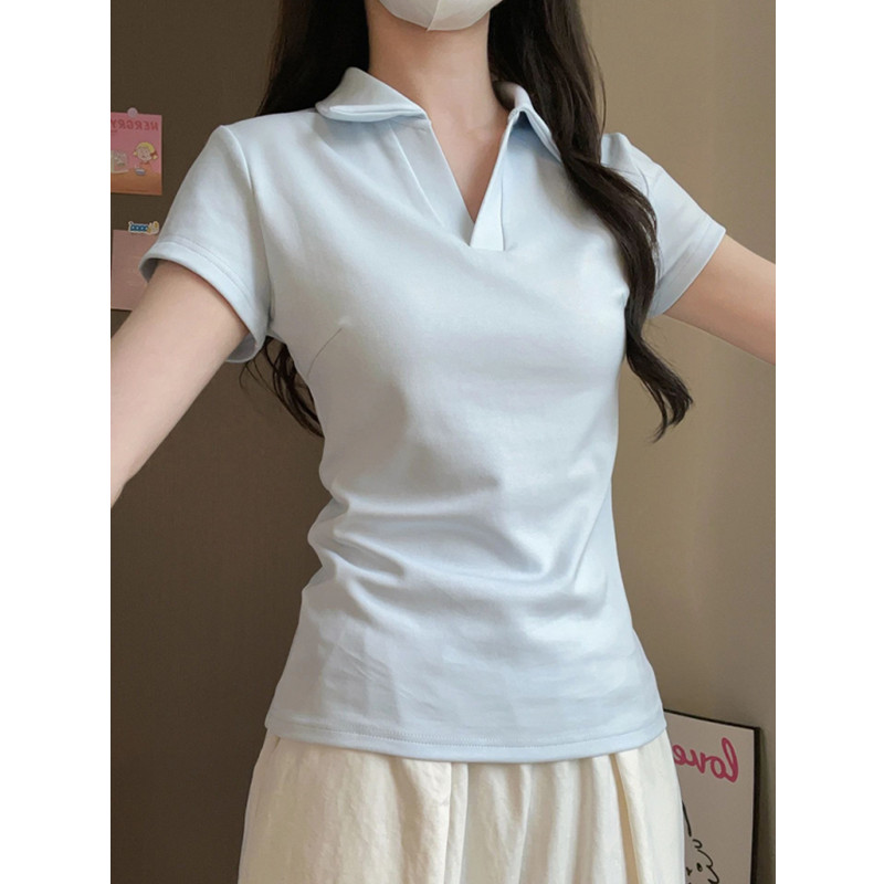 设计感正肩polo衫翻领短袖t恤女