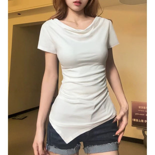 白色一字肩荡领短袖T恤女夏季新款收腰显瘦不规则斜领露肩上衣潮