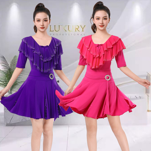 夏季新款广场舞上衣女水钻荷叶边圆领短袖时尚烫钻吉特巴演出服装