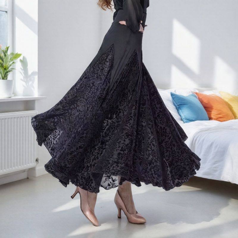 摩登舞半身裙黑色蕾丝拼接中长裙高腰国标交谊舞大摆裙广场舞长裙,运动/瑜伽/健身/球迷用品,广场舞半身裙,淘宝优惠券,粉丝福利购,淘宝优惠卷