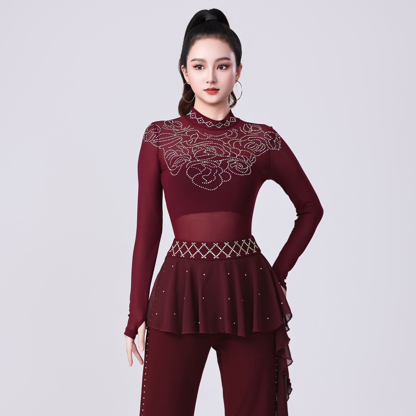 新款拉丁舞上衣女网纱连体衣