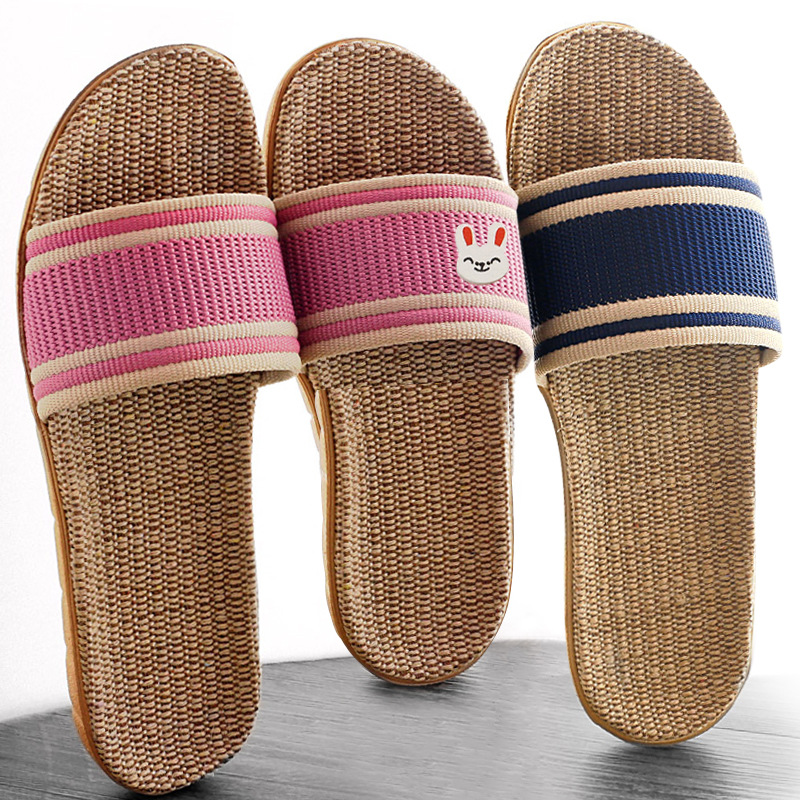 4-8岁亲子一家三口女孩亚麻拖鞋