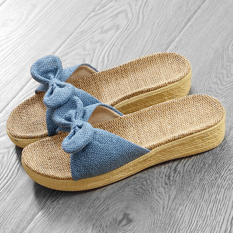 亚麻坡跟拖鞋日式女夏静音女士