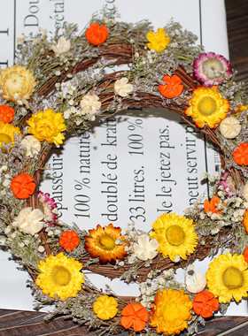 黄色雏菊永生干花包藤编花环材料包圣诞节日diy客厅装饰拍摄道具