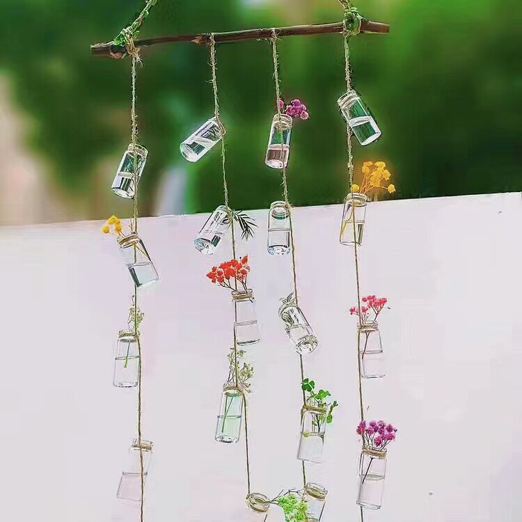 真花干花永生花风铃许愿瓶玻璃瓶挂件墙壁装饰ins风水培植物串瓶