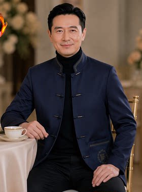 爸爸唐装男中式立领盘扣加绒加厚冬装外套中老年新郎父亲婚宴套装