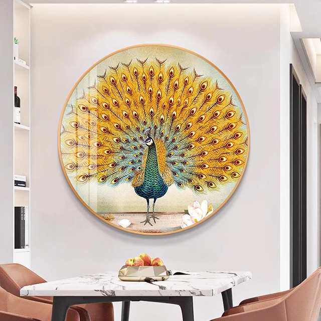 孔雀开屏新中式圆形客厅入户玄关装饰画现代简约餐厅壁画走廊挂画图片