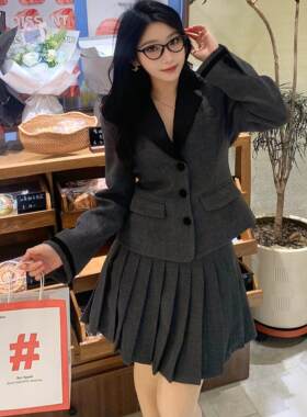 MINI老江安妮舞会学院风百褶裙西装套装chic早秋毛呢短外套半裙