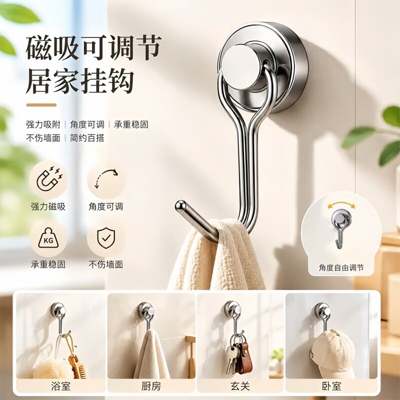 强磁挂钩固定磁铁不锈钢磁钩免打孔磁吸吸铁石门口后钥匙厨房神器