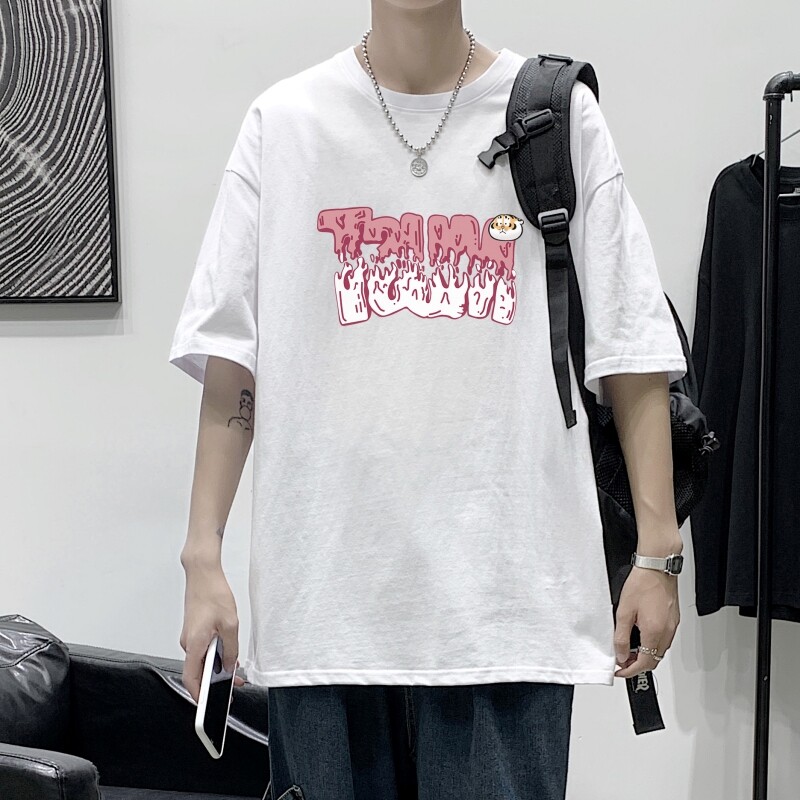 T3414落肩港风男T仓库正常配送港风2022夏新款T恤男宽松T恤图片