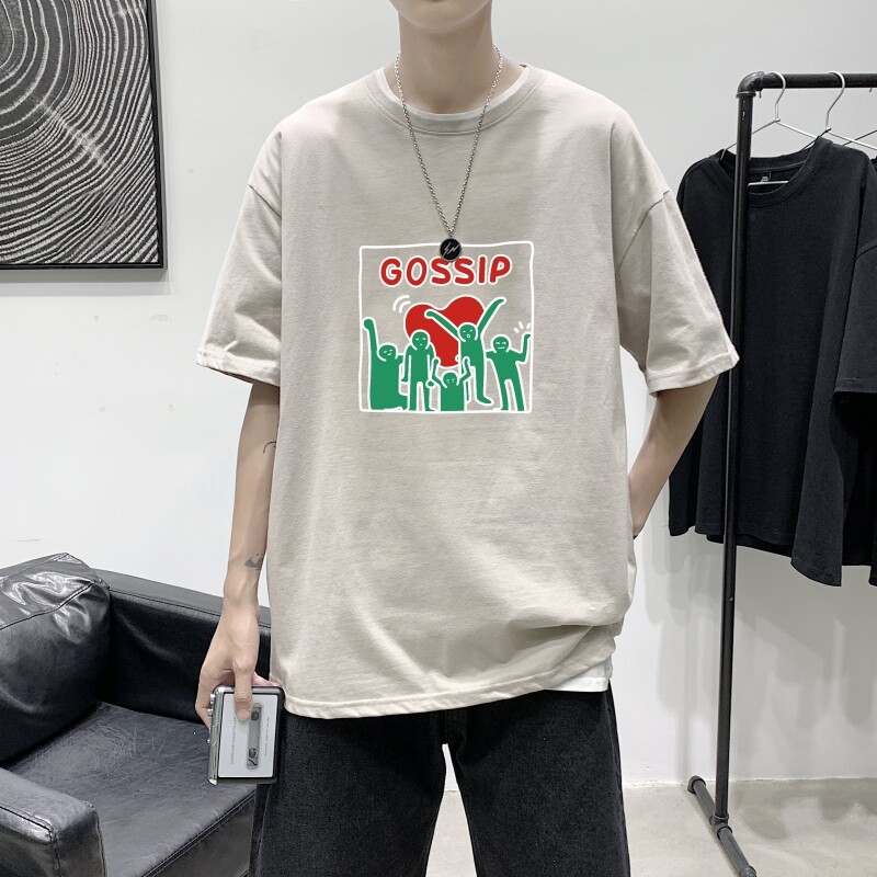 T3417港风男宽松T恤落肩港风男T潮趣印花潮牌T恤2022夏新款T恤图片