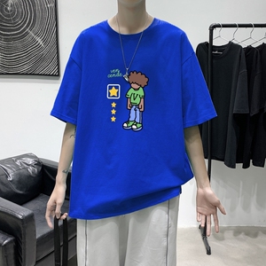 T3418男宽松T恤落肩港风男T潮趣印花T恤潮牌港风2022夏新款T恤图片