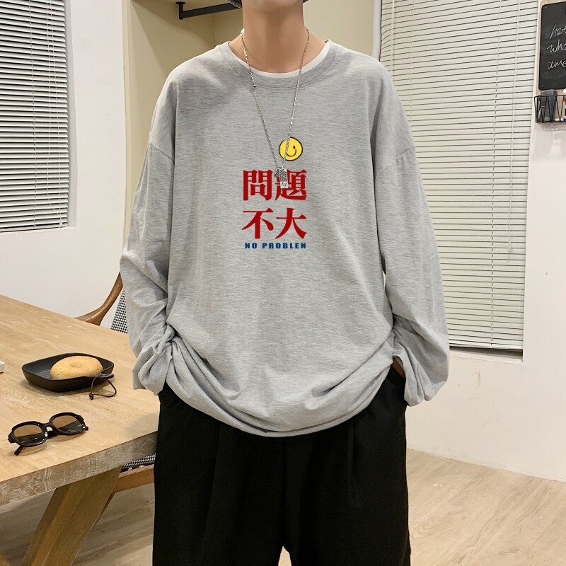 C2623P30男长袖t恤秋季打底衫长袖纯棉秋季港风印花宽松潮流上衣图片