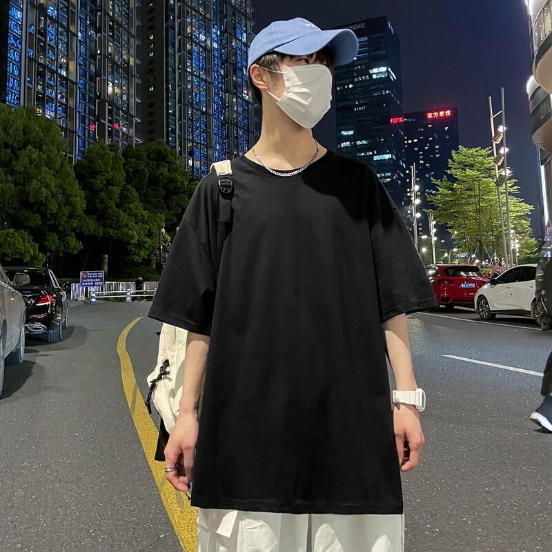 D2053港风室外2021夏季新款港风宽松短袖T恤男半袖圆领衫纯色图片