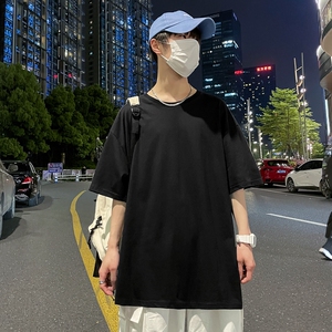 D2053港风室外2021夏季新款港风宽松短袖T恤男半袖圆领衫纯色图片