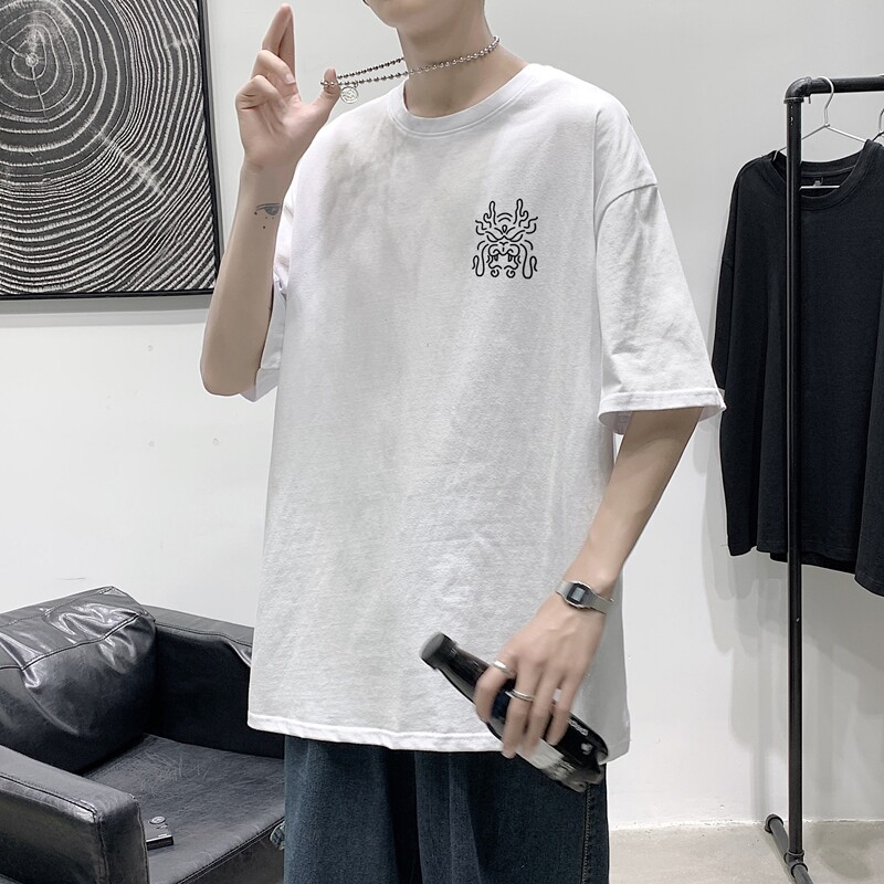D2124 港风室内 男士夏季潮流潮牌潮印花半袖体恤纯棉男T恤图片
