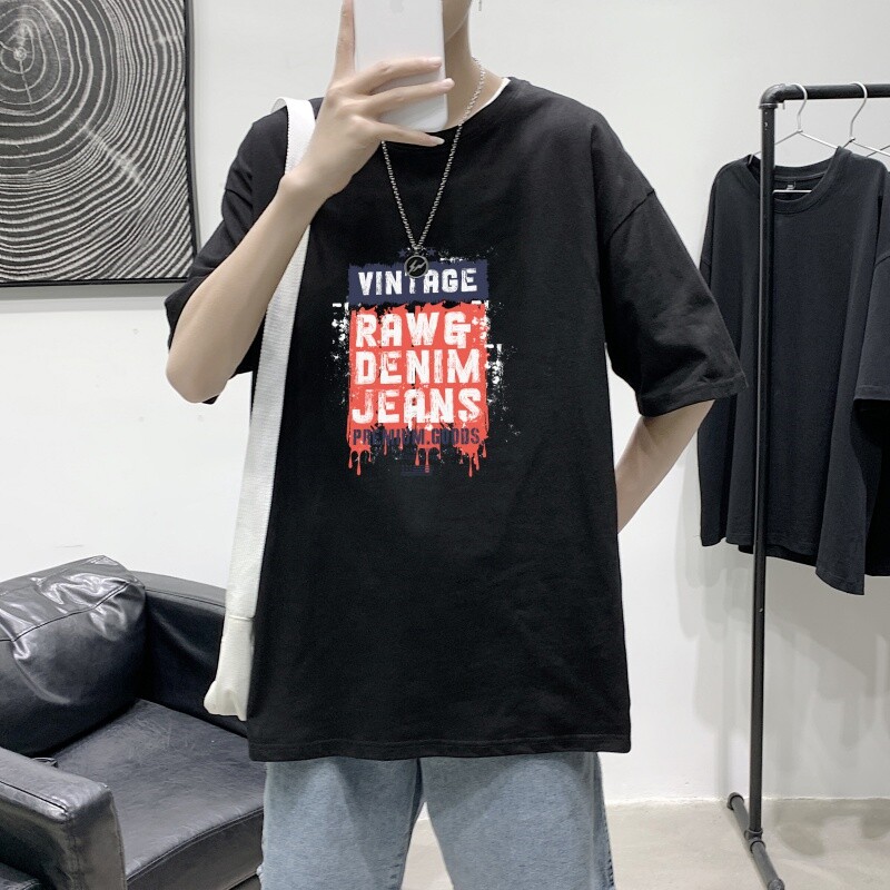T3471港风落肩港风男T圆领字母印花潮T2022夏新款T恤男宽松T恤图片