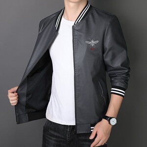 PY5258P95商务模特2023新款秋冬潮男皮衣刺绣夹克外套PU棒球服图片
