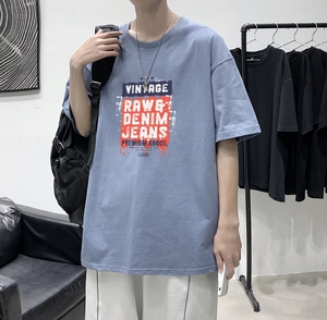 T3471港风2022夏新款T恤圆领字母印花潮T男宽松T恤落肩港风男T
