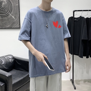 D2121 港风室内纯棉男短袖港风净版小标印花宽松休闲情侣装T恤图片