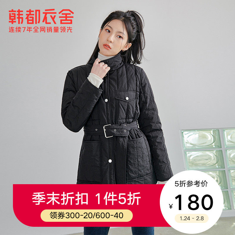 韩都衣舍2021冬季新款女装立领宽松显瘦长袖绗缝棉服棉衣PV9619