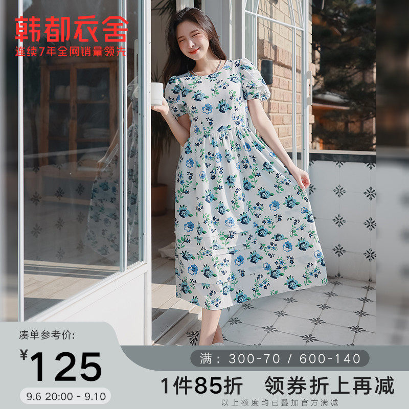 韩都衣舍简约连衣裙女2022夏季新韩版显瘦泡泡短袖裙子JZ15058