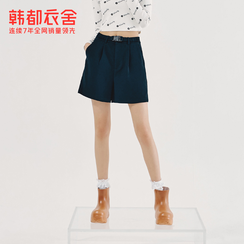 韩都衣舍高腰阔腿短裤女夏新款卡扣腰带黑色宽松弹力休闲裤女