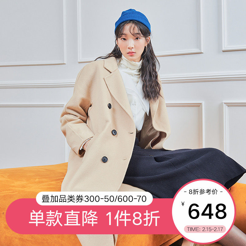 韩都衣舍2021春新款宽松赫本风羊毛大衣中长款毛呢外套女PV9625