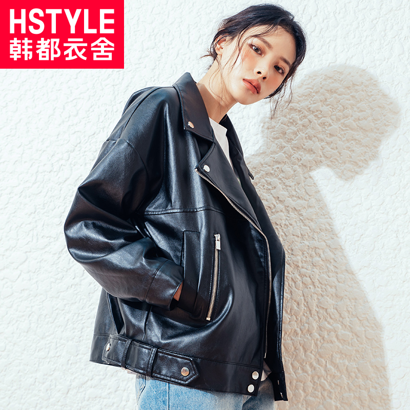 韩都衣舍2018韩版女装秋装新款宽松短款机车夹克外套皮衣GY9531筱