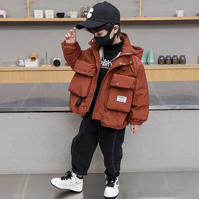 男童加绒派克服风衣秋冬新款中小童加厚外套男孩冬季连帽棉衣服潮
