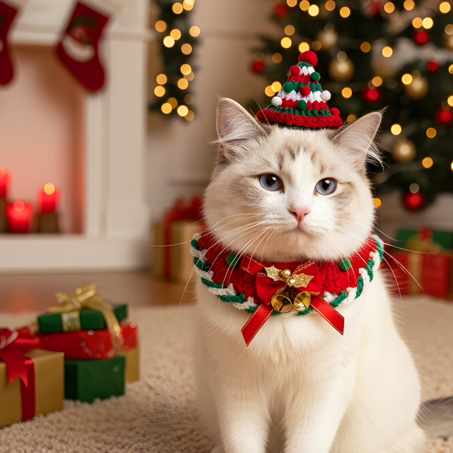 猫咪圣诞围脖帽子编织宠物口水巾狗狗露耳朵针织项圈装饰配套饰品