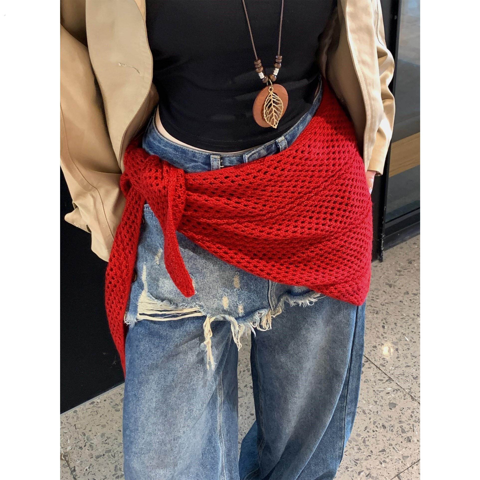 红色镂空针织三角巾披肩外搭女坎肩围脖高级感半身裙腰巾腰封围巾