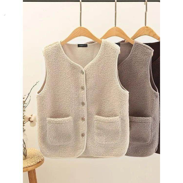 羊羔绒颗粒绒马甲加绒加厚保暖背心春季新款女士皮毛一体上衣外套