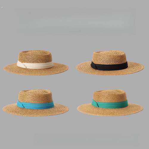 大头围草帽名媛平顶礼帽女款2025新款夏季法式防晒帽草编遮阳帽子