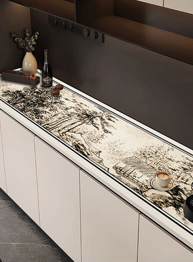 中式墨色皮革防脏鞋柜山水画免洗防水防油长条形电视柜桌垫边柜垫