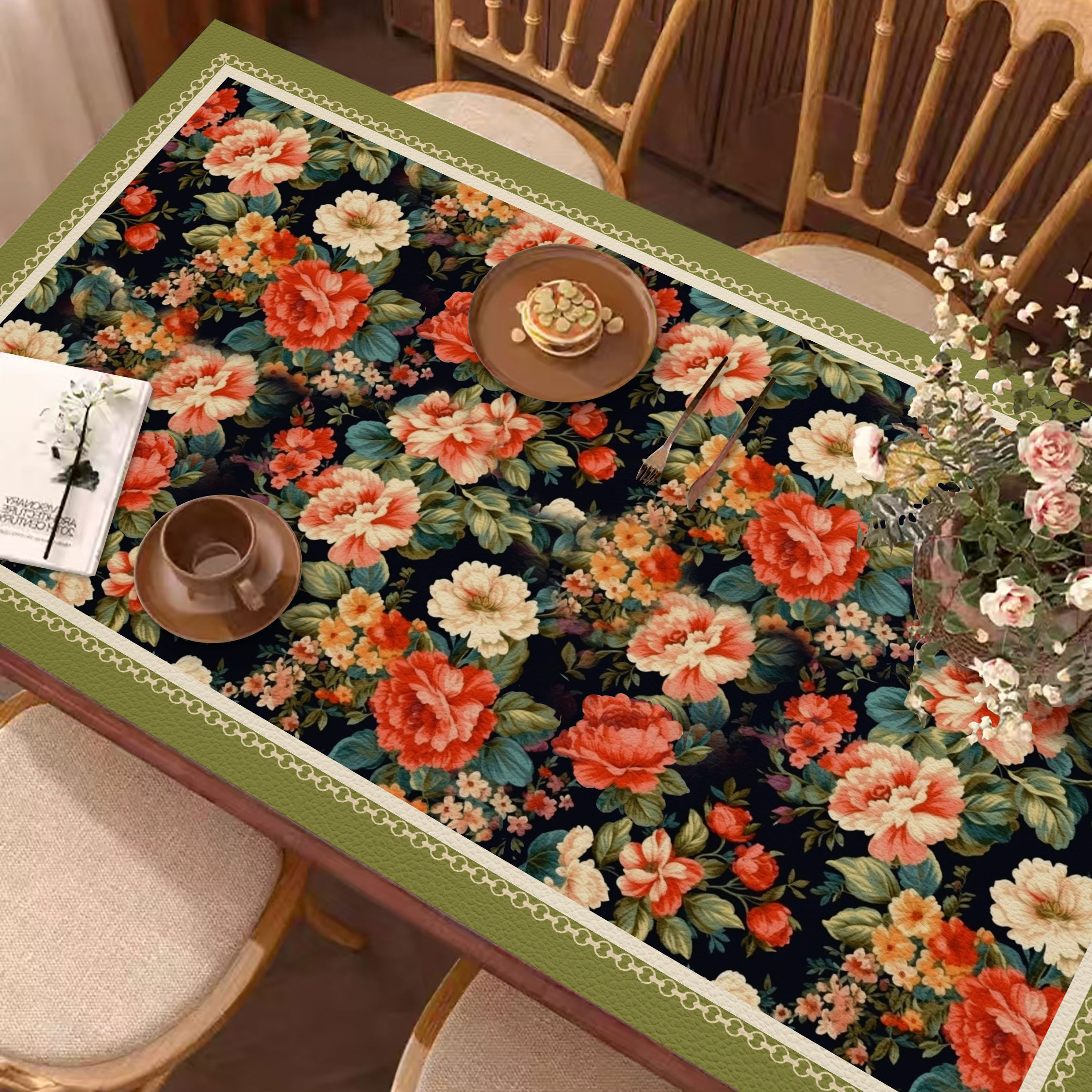 美式手绘花餐桌垫防水免洗防油皮革桌布耐高温茶几台面保护桌垫子