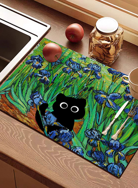 油画系列科技绒吸水速干沥水垫耐脏厨房台面餐具干燥垫防滑软垫