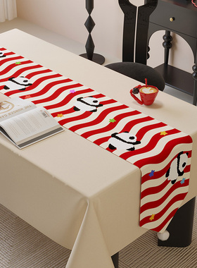 中式国风高级感新年桌旗毛球流苏喜庆防水防烫台布装饰桌布熊猫