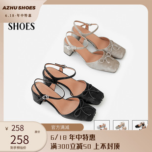 鞋 AZHU 新中式 粗跟中跟蝴蝶结国风黑色 SHOES 方头玛丽珍包头凉鞋