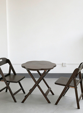 复古阳台客厅桌椅组合咖啡店民宿小户型实木可折叠餐桌椅子三件套