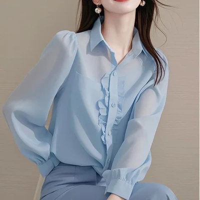 新款蓝色绝美小早秋流行衬衫气质女独特2024上衣长袖法式今年