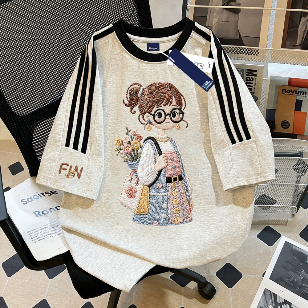 纯棉美式插肩三条杠短袖T恤女2026夏季新款宽松拼接校园风上衣服