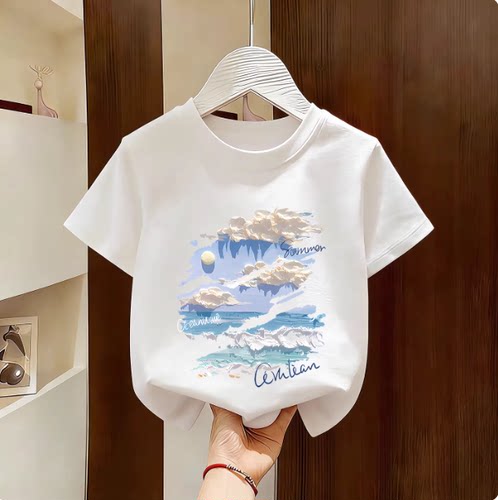 2026新款夏季卡通印花纯棉透气短袖T恤中小童圆领可爱白色亲子装