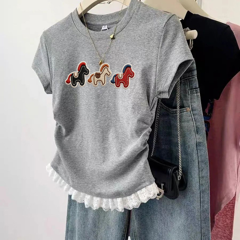 女童短袖t恤夏装儿童纯棉上衣百搭2026新款夏季大童修身花边夏装