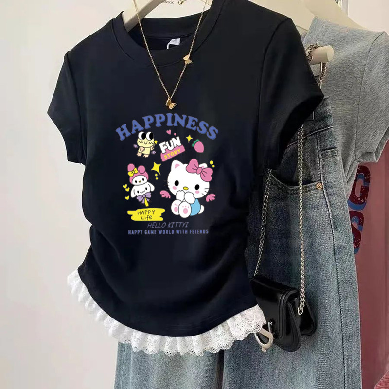 女童纯棉短袖夏季可爱2026新款中大童修身上衣超好看花边蕾丝T恤